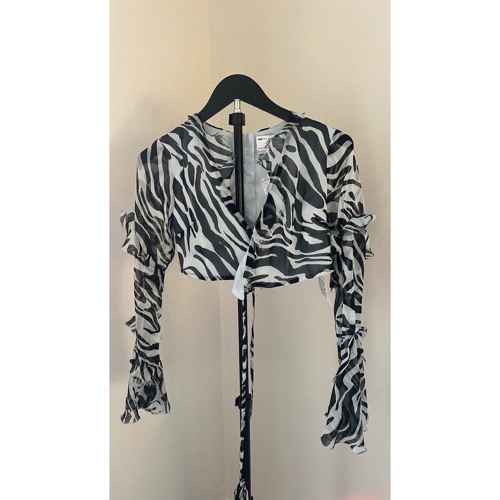 ASOS DESIGN Zebra Print Crop Top Ruffle Sleeve Button Back Sheer Chiffon US 2